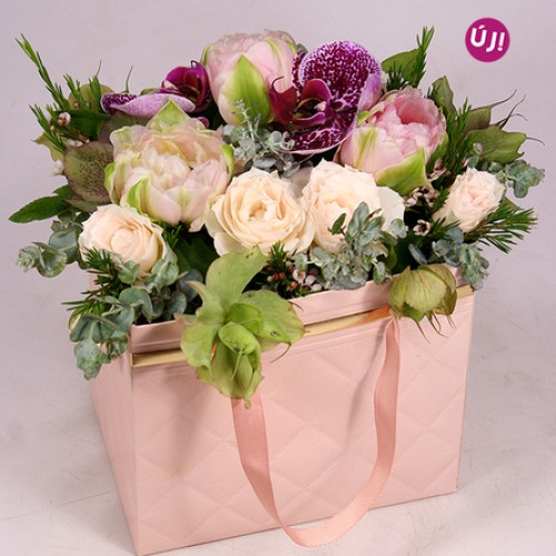 Pink lady with orchids